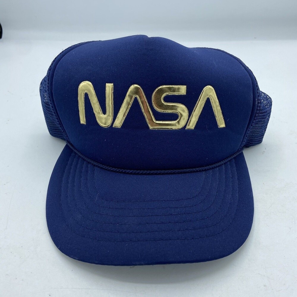 Mens NASA Blue Trucker Mesh SnapBack Adjustable Hat Retro Gold Letters